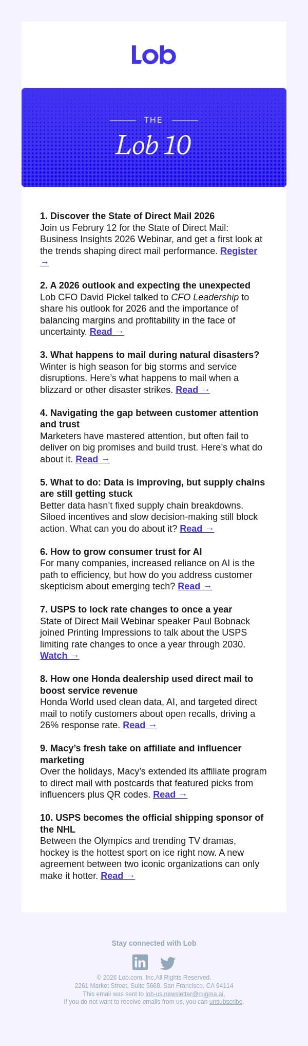 Lob 10: Direct mail news + tools | Jan 2026 email from Lob screenshot