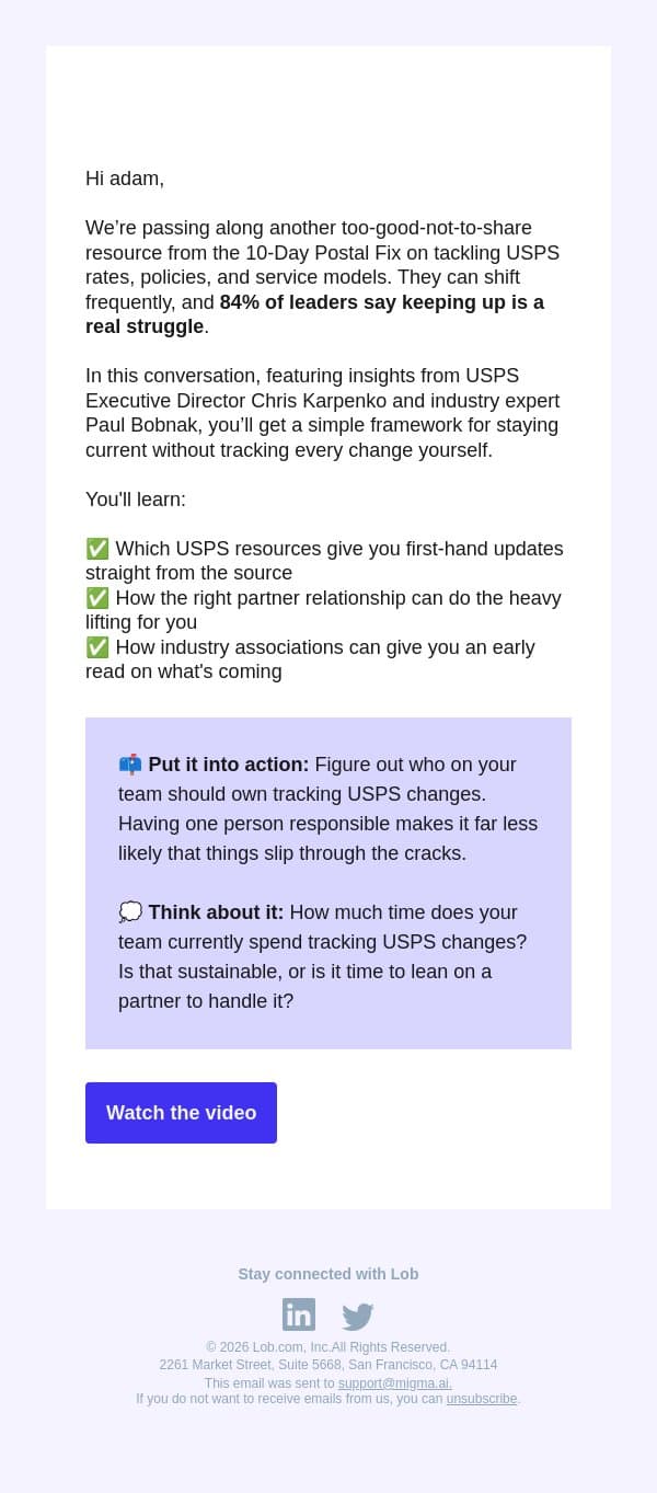 [Watch] How to stay ahead of USPS changes email from Lob screenshot