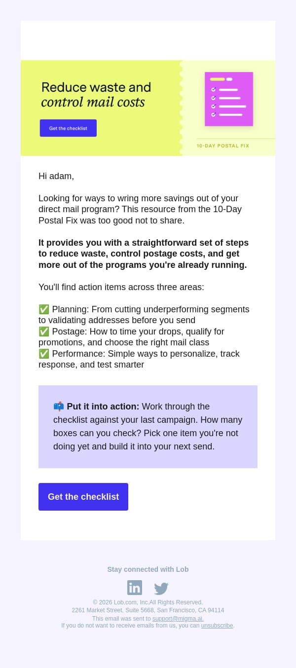 [Checklist] Control your mail costs email from Lob screenshot