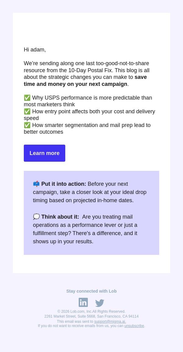 Four things you need to know about USPS email from Lob screenshot