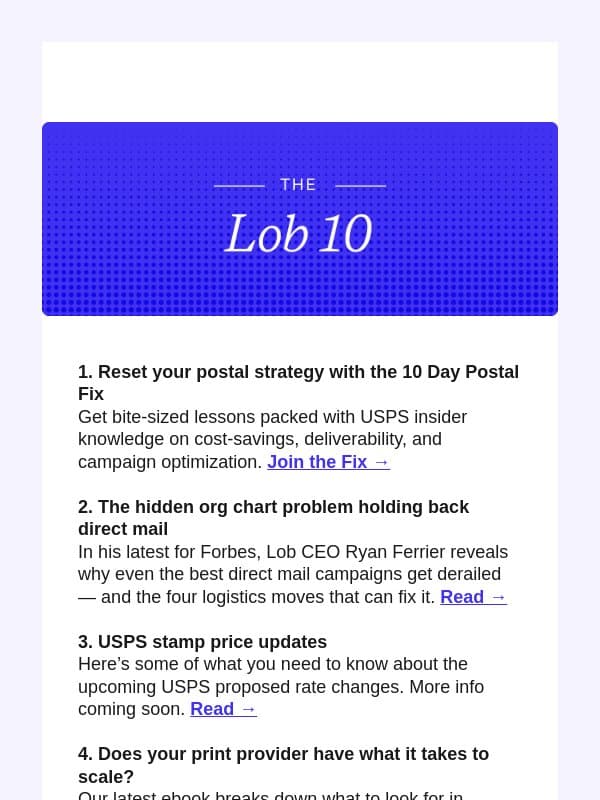 Lob 10: Direct mail news + tools | Apr 2026 email from Lob