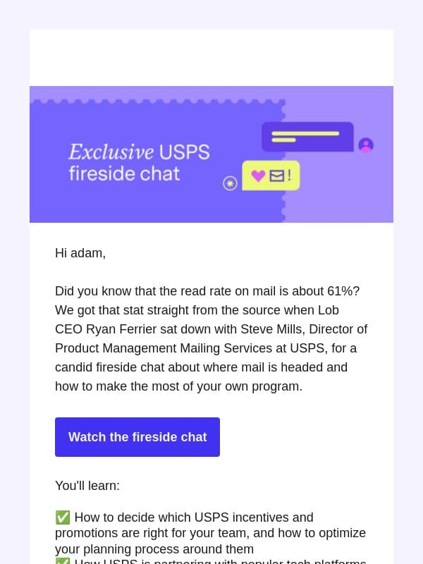 Did you know that the read rate on mail is about 61%? email from Lob