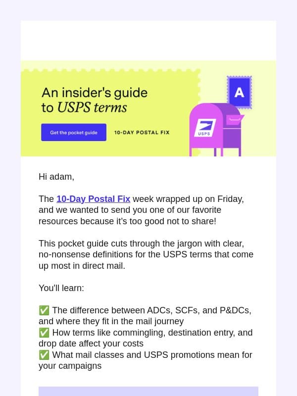 Your USPS pocket guide is here email from Lob