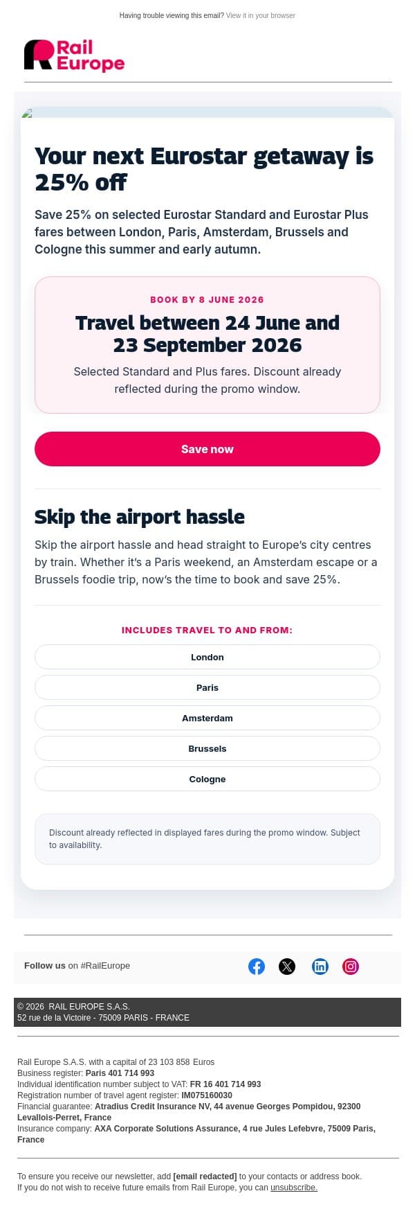 Paris, Amsterdam, Brussels… now 25% off email from Loco2 screenshot