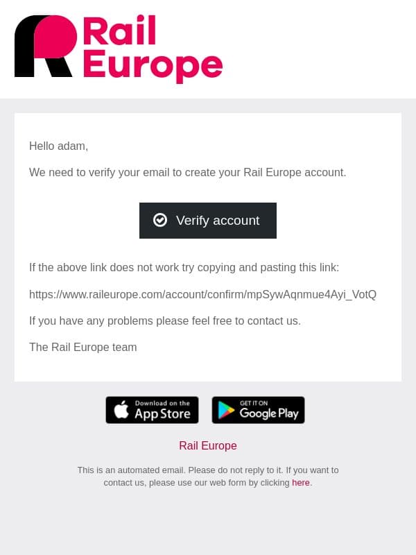 Rail Europe: Confirm your email email from Loco2 screenshot