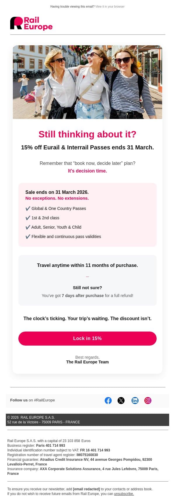 Last chance for 15% off Eurail & Interrail Passes email from Loco2 screenshot