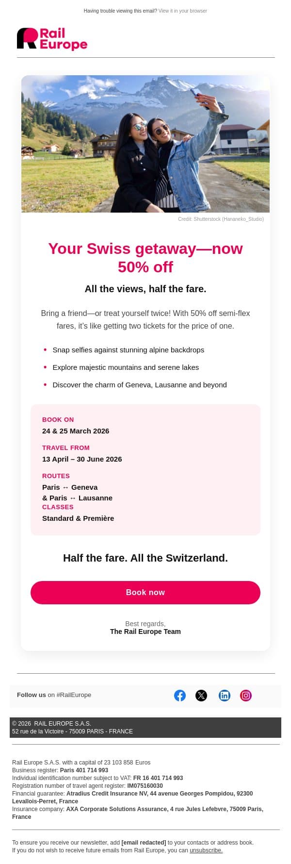 Lyria takes you to Switzerland for half the fare! email from Loco2 screenshot