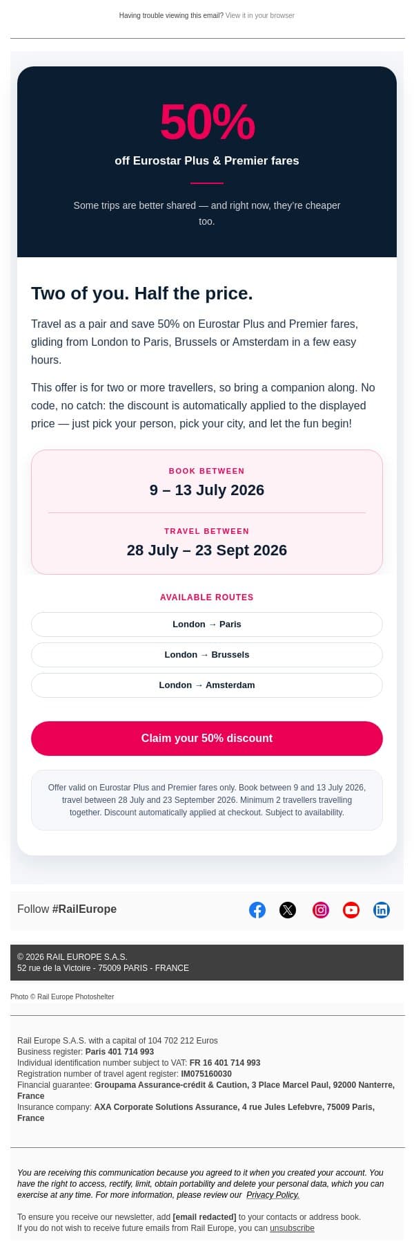 Two of you. Half the price. On Eurostar. email from Loco2 screenshot