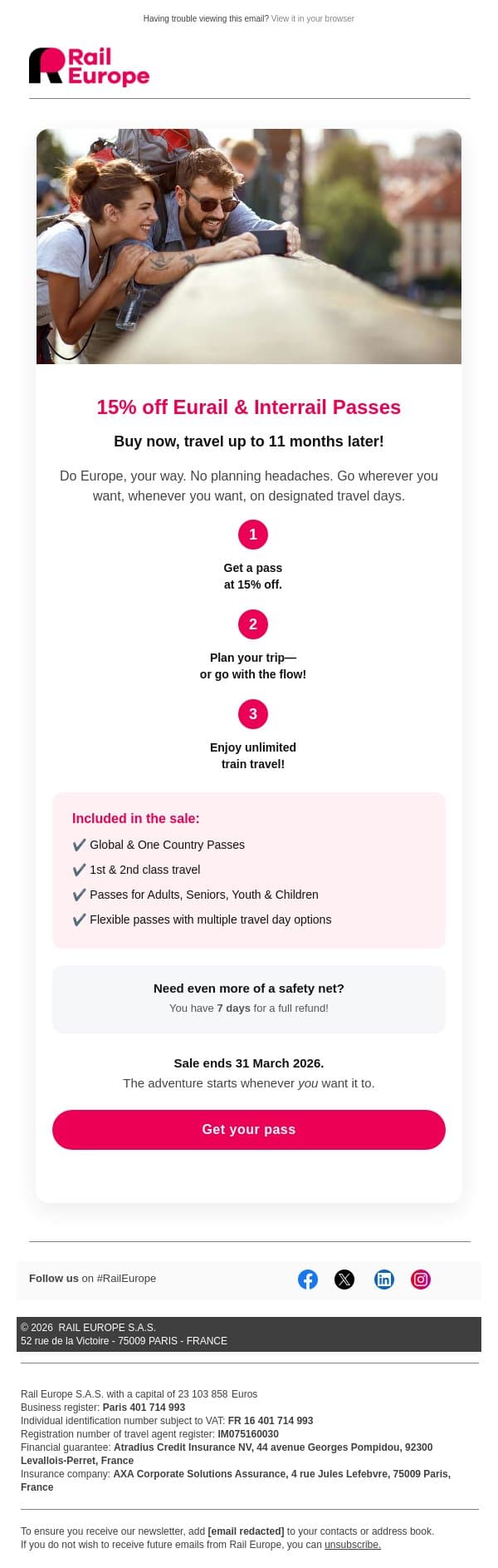 15% off Eurail & Interrail Passes—let’s not overthink this. email from Loco2 screenshot