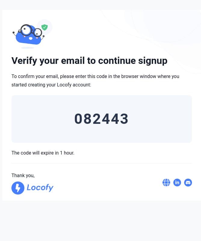 Verify your email to continue signing up email from Locofy screenshot