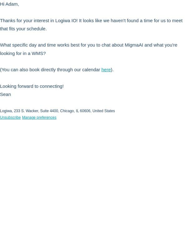 Let’s get your Logiwa demo on the calendar email from Logiwa screenshot