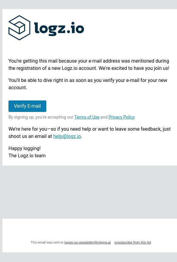 Your e-mail address was mentioned during the registration of a new Logz.io account email from Logz.io screenshot