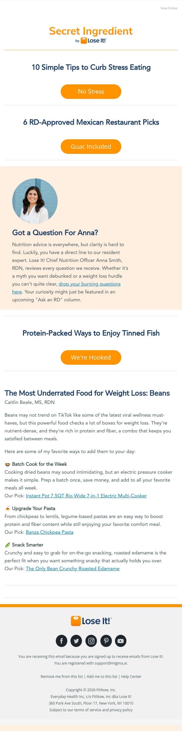 10 Simple Tips to Curb Stress Eating email from Lose It! screenshot
