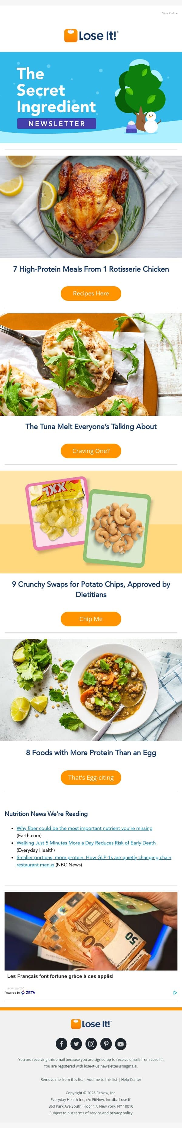 7 High-Protein Meals From 1 Rotisserie Chicken 🍗 email from Lose It! screenshot