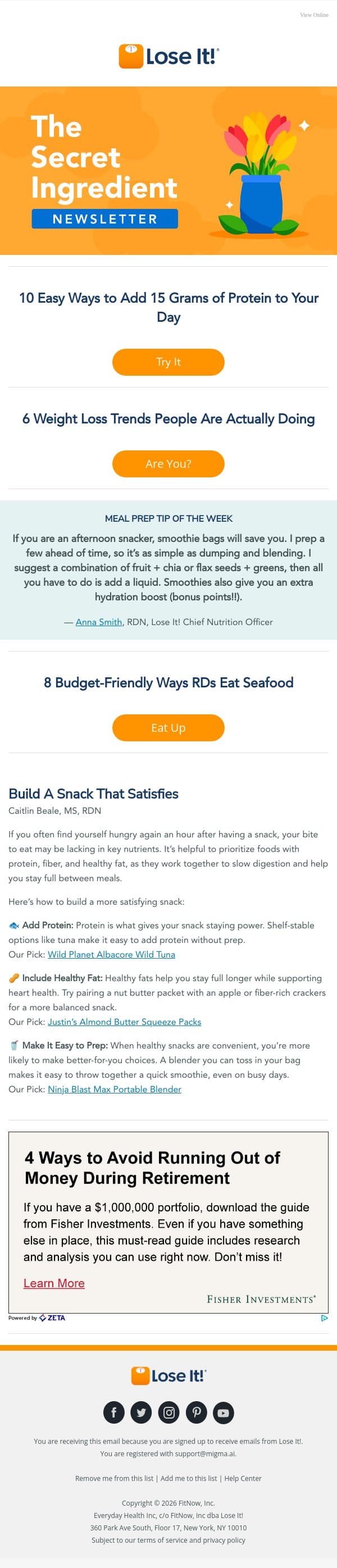 10 Easy Ways to Eat 15g of Protein email from Lose It! screenshot