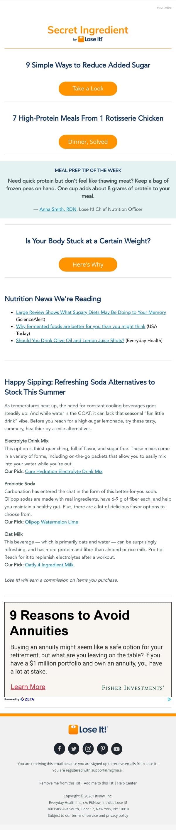 9 Expert Tips to Reduce Added Sugar email from Lose It! screenshot