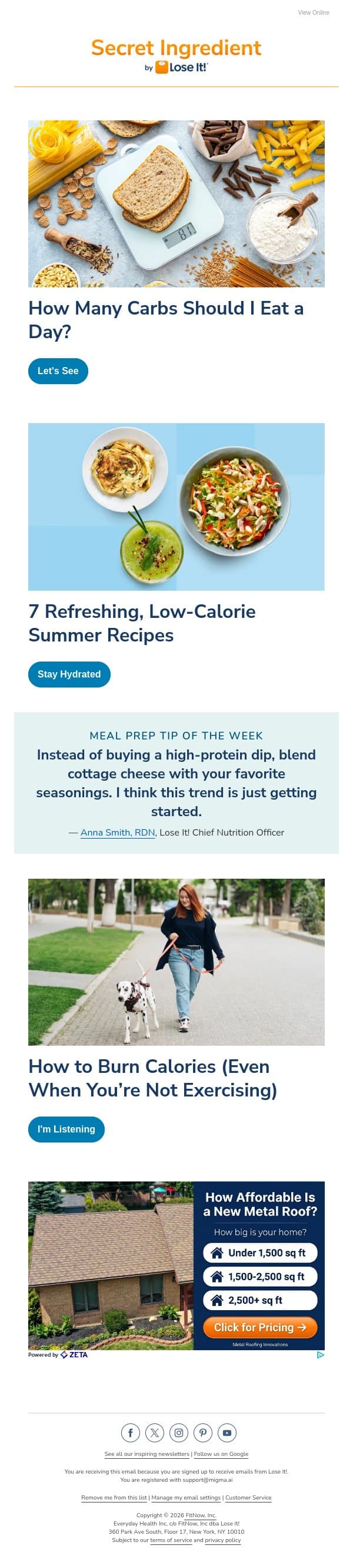 How Many Carbs Should I Eat a Day? email from Lose It! screenshot