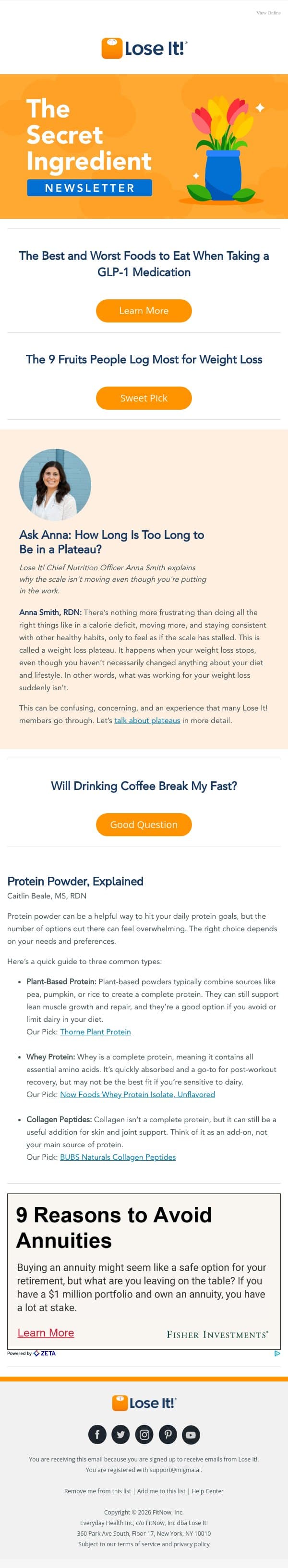 The Best and Worst Foods to Eat on a GLP-1 email from Lose It! screenshot