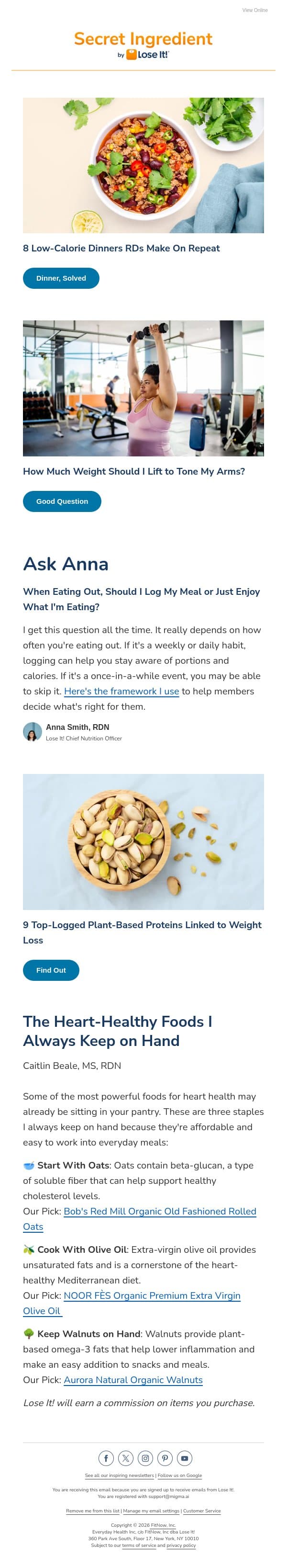 8 Low-Calorie Dinners RDs Make on Repeat email from Lose It! screenshot