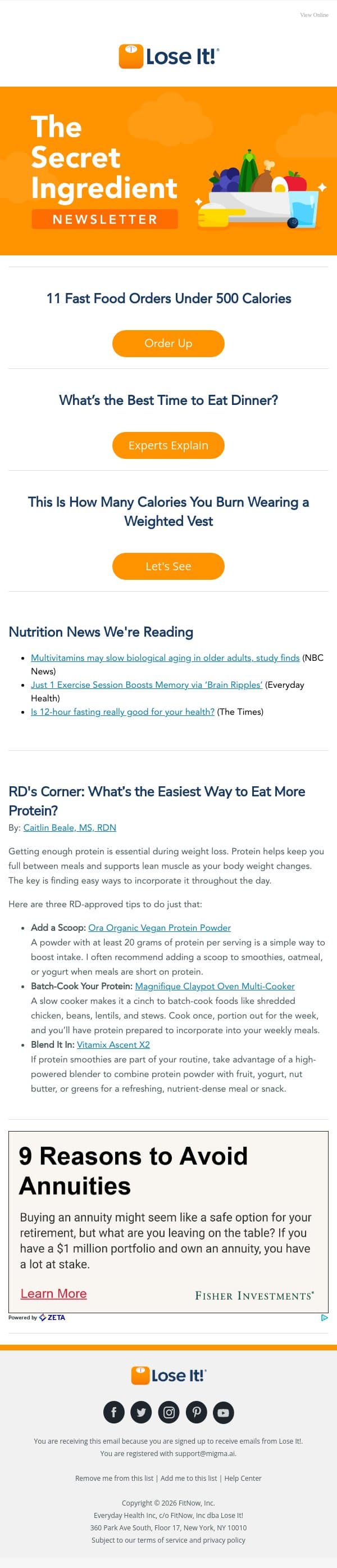 11 Fast Food Orders Under 500 Calories email from Lose It! screenshot