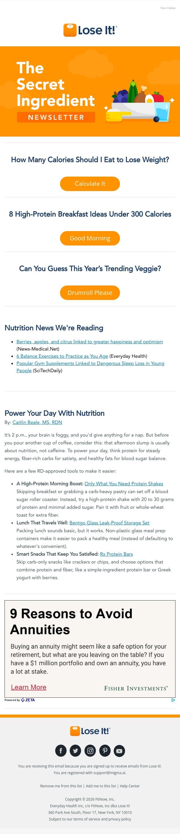 How Many Calories Should I Eat to Lose Weight? email from Lose It! screenshot