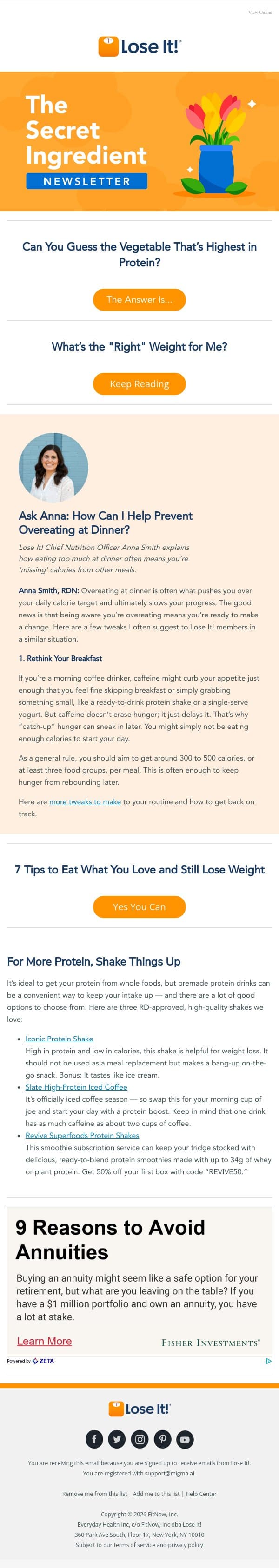 This Vegetable Packs 18g of Protein (!!!) 💚 email from Lose It! screenshot
