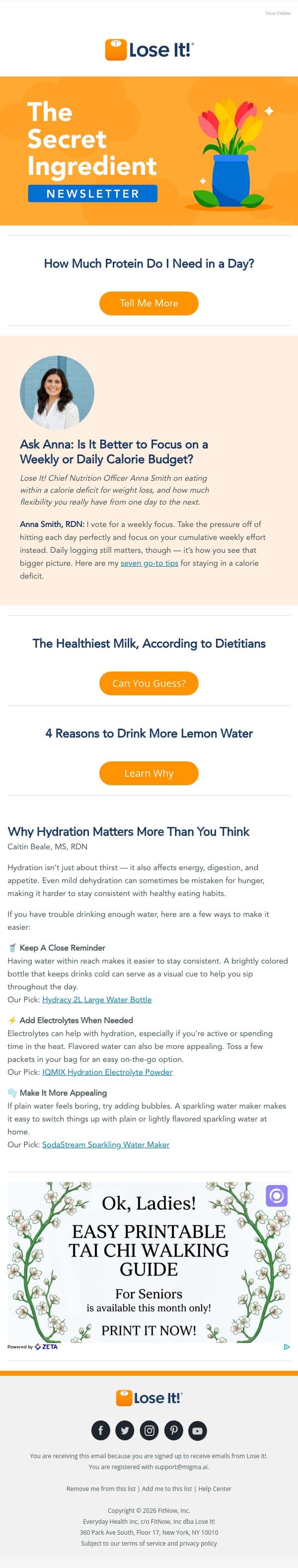 How Much Protein Do I Need in a Day? email from Lose It! screenshot