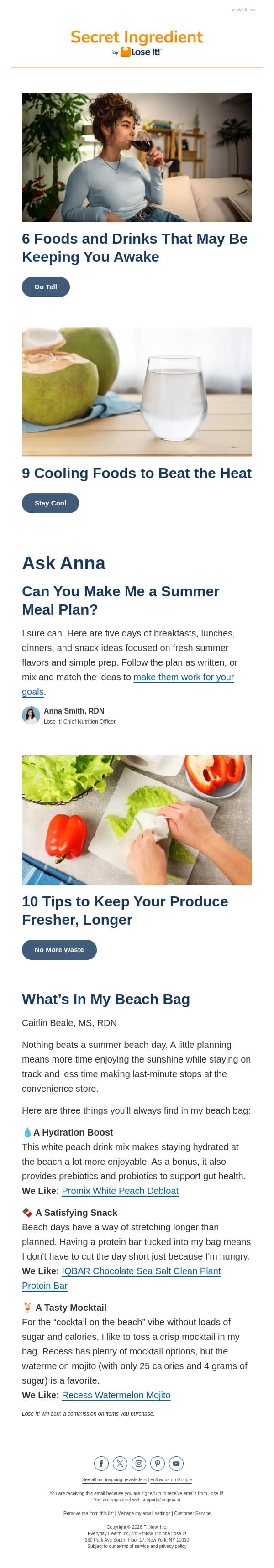 6 Foods and Drinks That May Be Keeping You Awake email from Lose It! screenshot