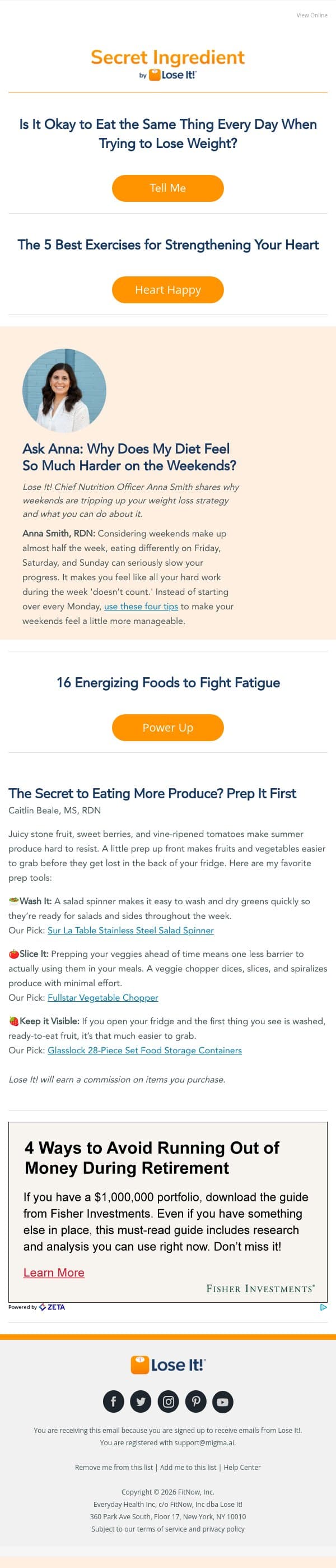 Is It Okay to Eat the Same Thing Every Day? 🤔 email from Lose It! screenshot