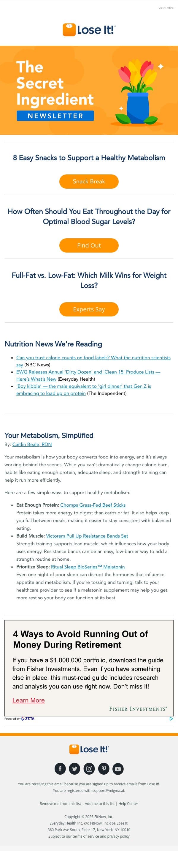 8 Metabolism-Boosting Snacks We Always Keep on Hand email from Lose It! screenshot