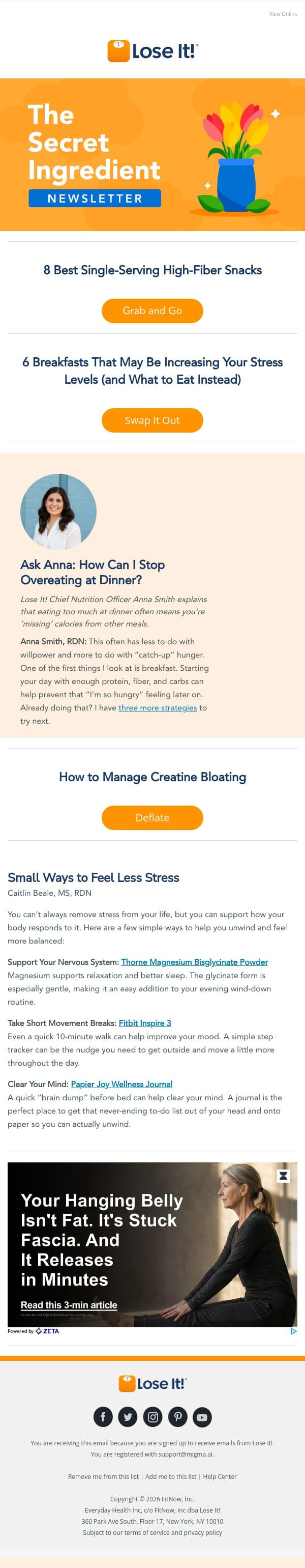 The Best High-Fiber Snacks Under 200 Calories email from Lose It! screenshot