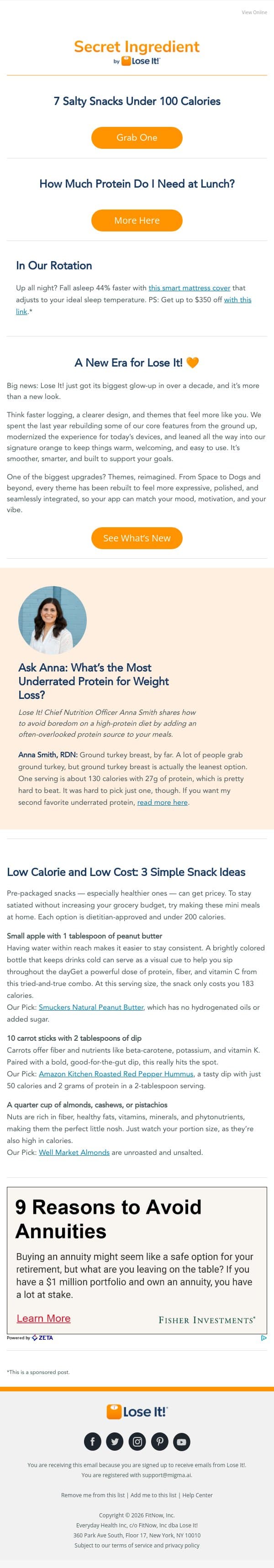 7 Salty Snacks Under 100 Calories email from Lose It! screenshot
