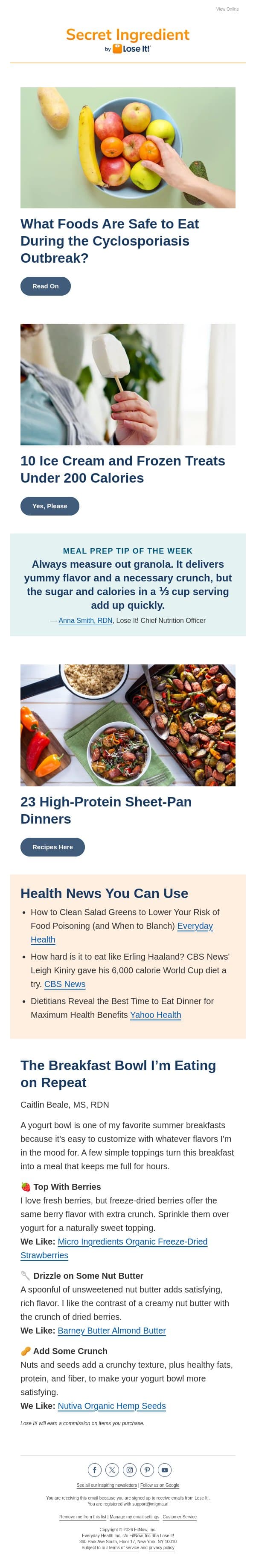 Experts Share What to Eat and Avoid During Cyclosporiasis Outbreak email from Lose It! screenshot