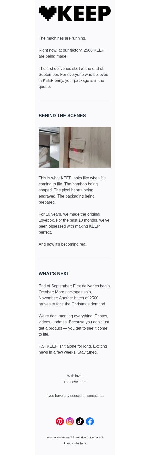 The machines are running. email from Lovebox screenshot