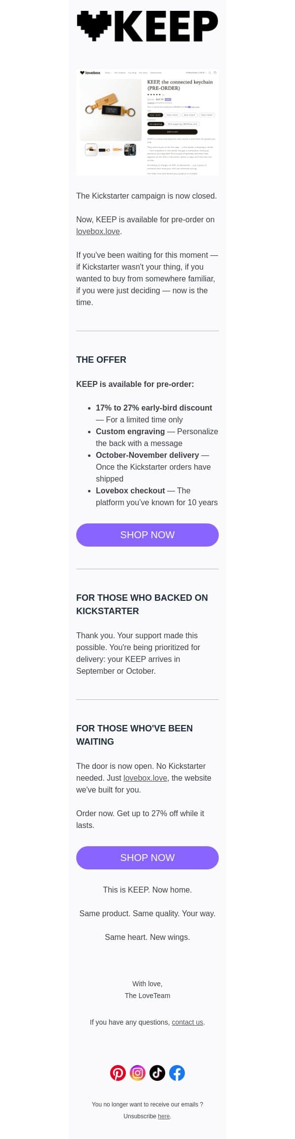 Couldn't get it on Kickstarter? email from Lovebox screenshot