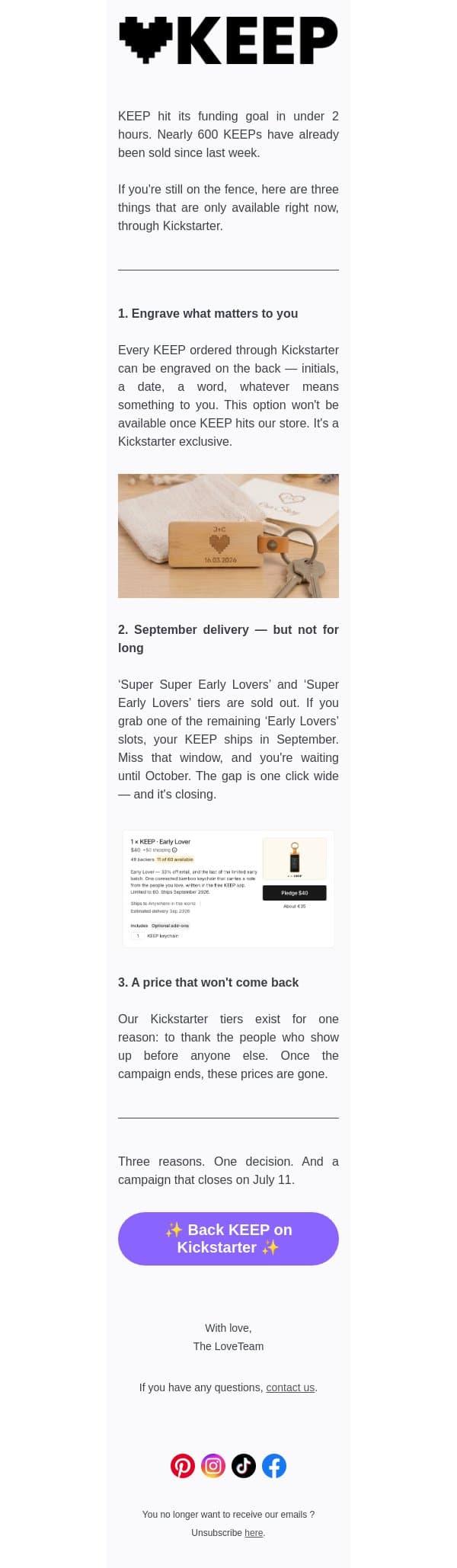 3 reasons to back KEEP today email from Lovebox screenshot