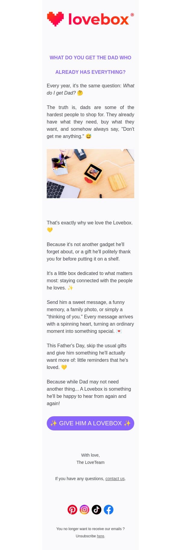 For the dad who wants nothing 👀 email from Lovebox screenshot