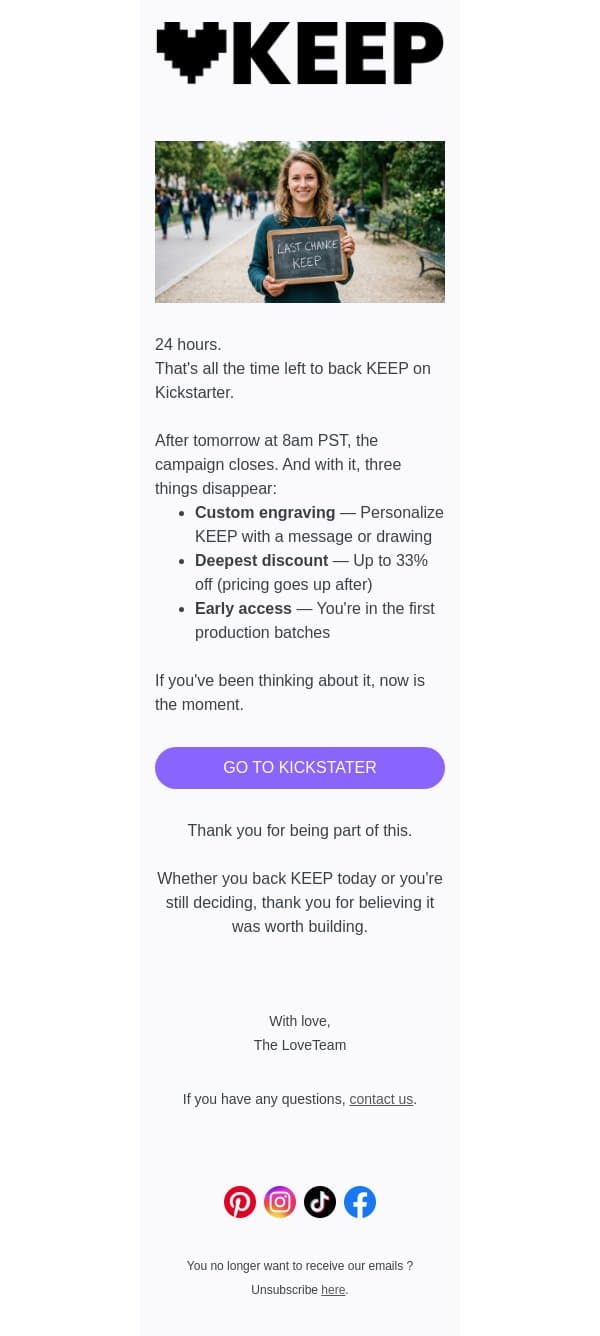 24 hours left. This is it. email from Lovebox screenshot