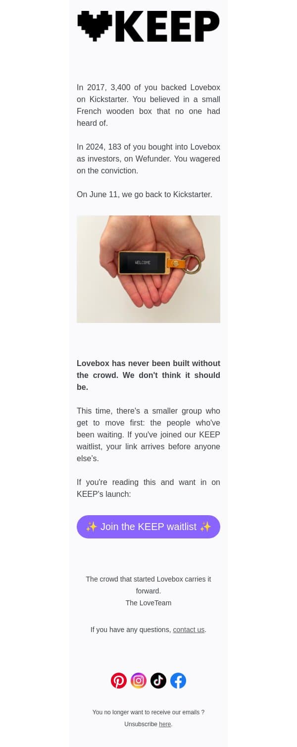 Kickstarter starts in one week. email from Lovebox screenshot