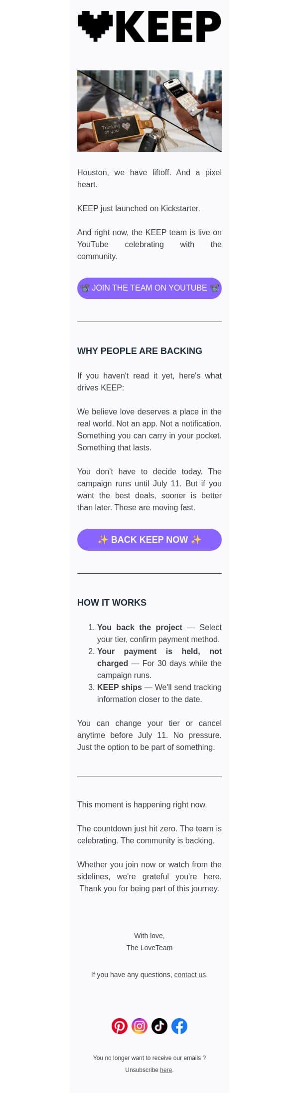 The countdown just hit zero. KEEP is live. email from Lovebox screenshot