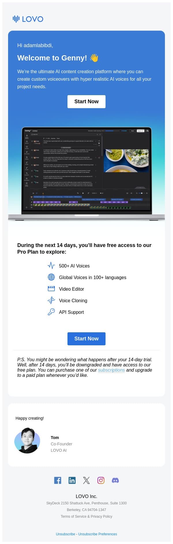 Welcome to Genny, adamlabibdi 👋 email from LOVO AI screenshot