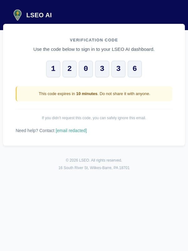 Your LSEO AI Login Code email from LSEO.com screenshot