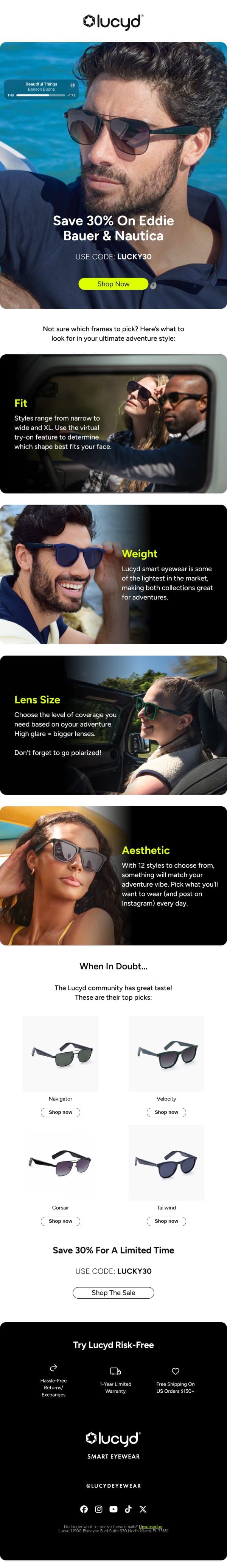 Save 30% On Adventure Ready Frames email from Lucyd screenshot
