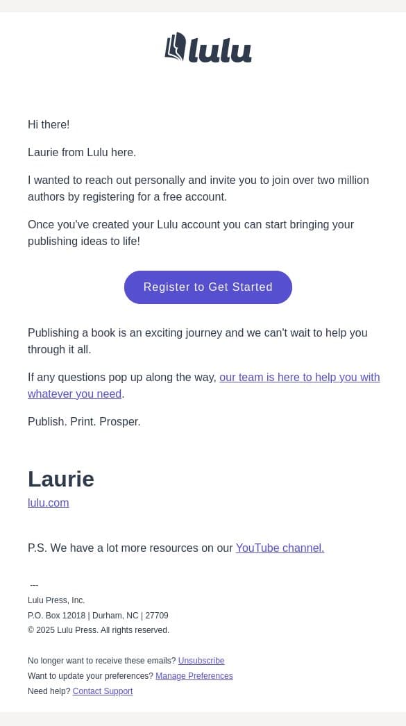 You’re invited to register for a free account email from Lulu screenshot