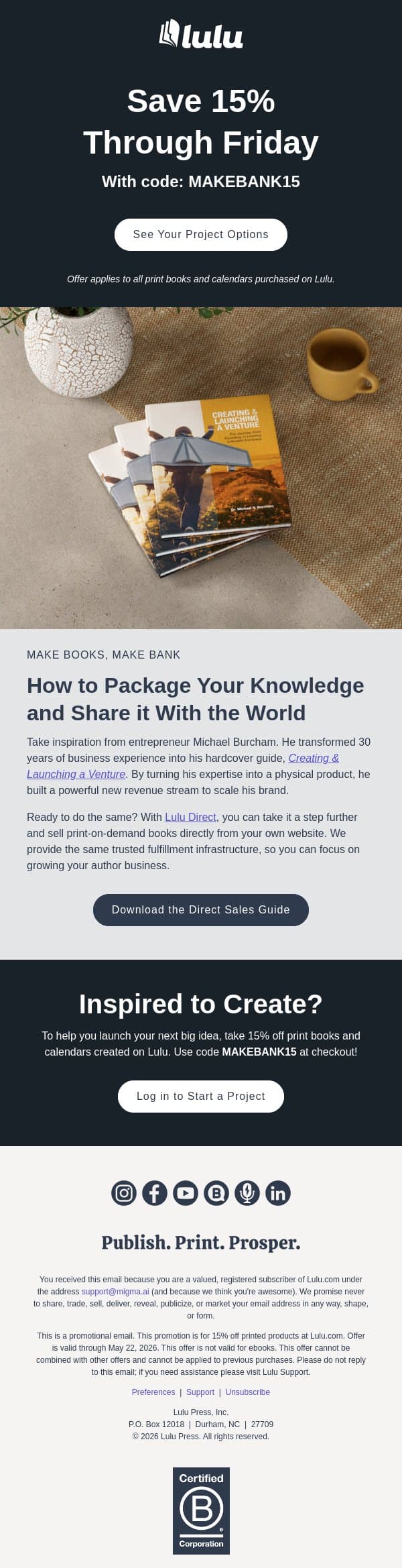 Save 15% & Turn Your Expertise Into a Book email from Lulu screenshot