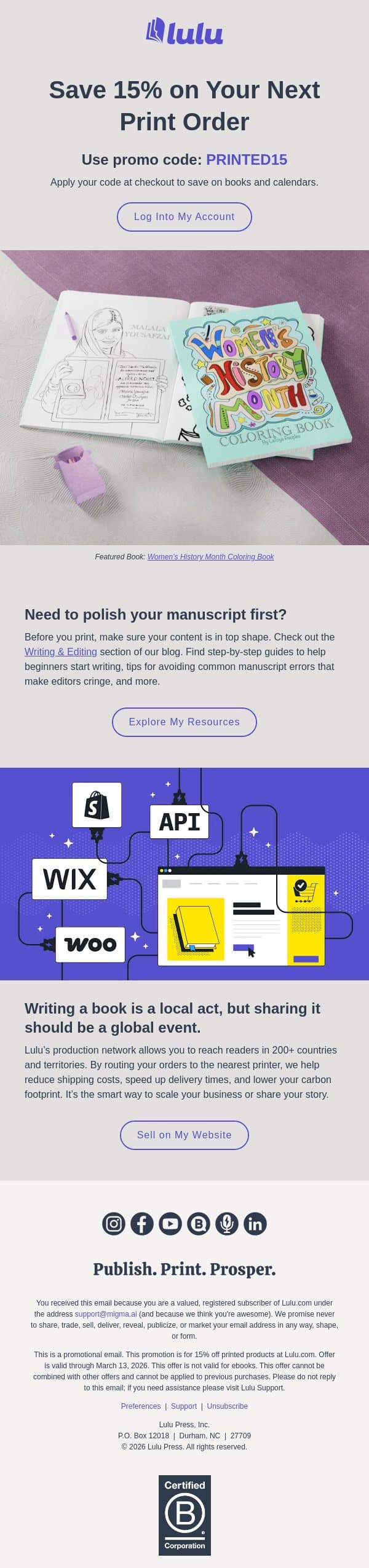 Print a Few Book Copies & Save 15% email from Lulu screenshot