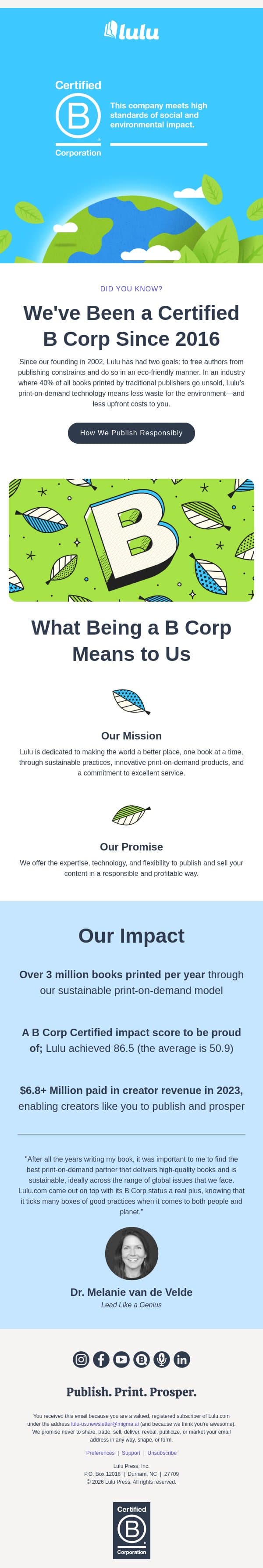Proud to Be a B Corp-Certified Publisher email from Lulu screenshot