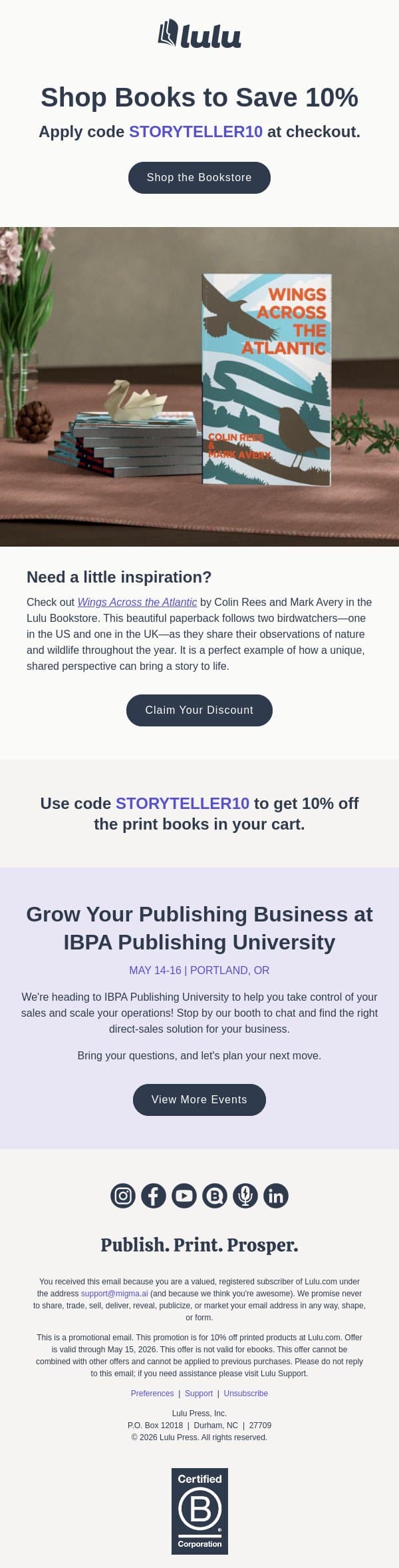 🌻 Save 10% on Your Books (& Start Monday Right!) email from Lulu screenshot