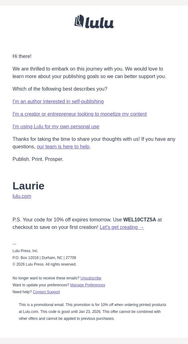 📚 Choose Your Own (Publishing) Journey email from Lulu screenshot