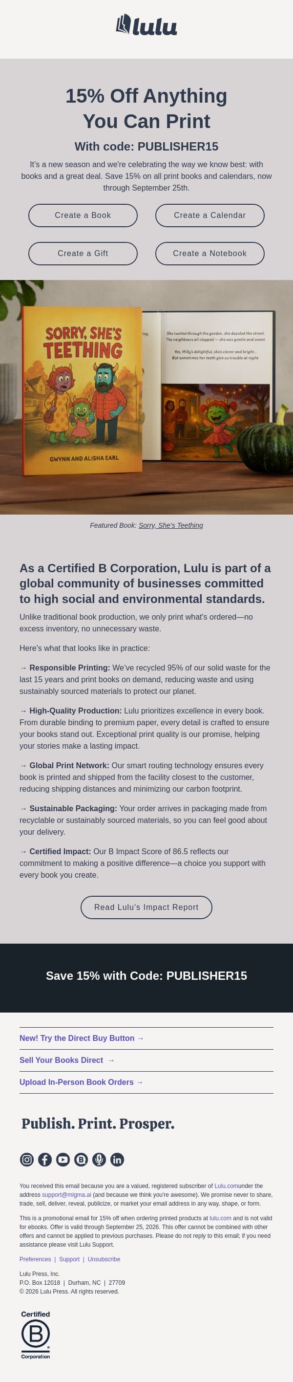 🍁 New Season? Save 15% on Books! email from Lulu screenshot